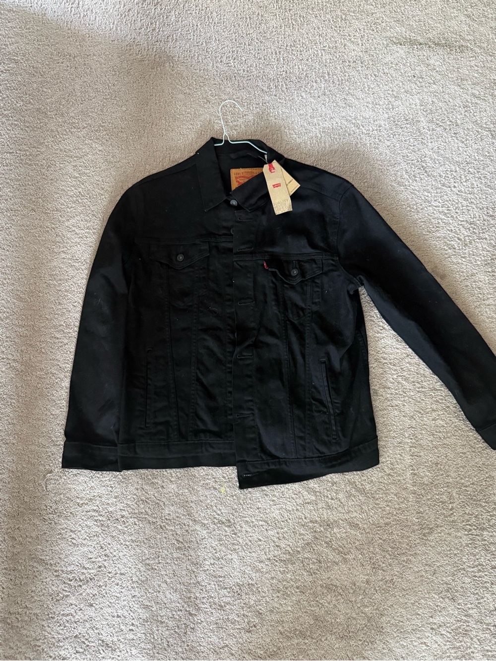 Levi's Men's Black Denim Trucker Jacket with Red Tab Accent